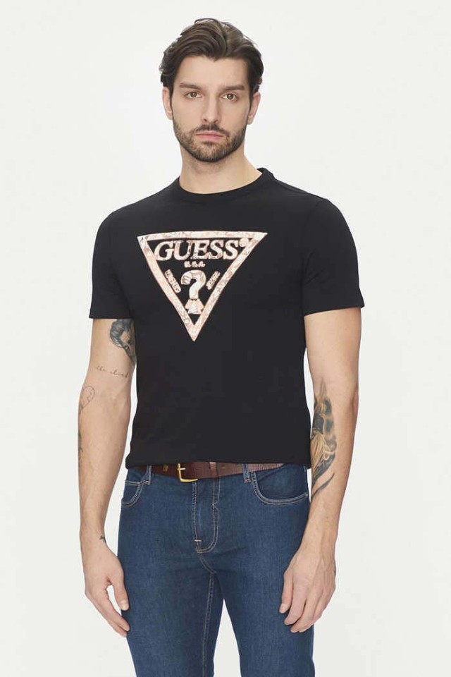 Guess Cn Ls Sleeves Logo Tee Ανδρική Μπλούζα Μαύρη