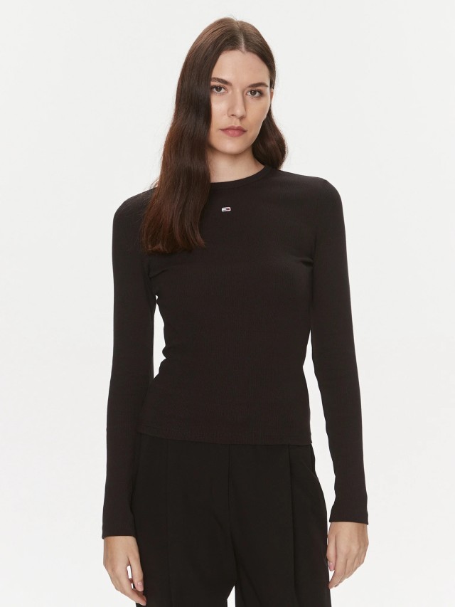 Tommy Hilfiger Tjw Slim Essential Rib Ls Γυναικεία Μπλούζα Μαύρη