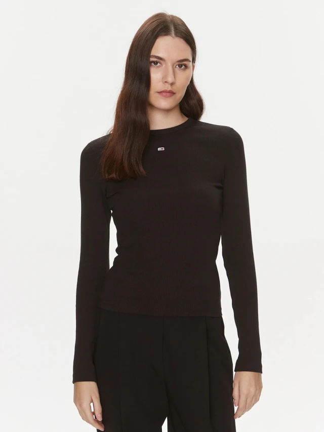 Tommy Hilfiger Tjw Slim Essential Rib Ls Γυναικεία Μπλούζα Μαύρη