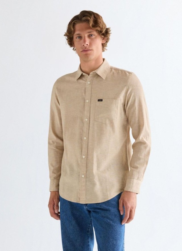 Wrangler 1 Pkt Shirt Kelp Ανδρικό Λινό Πουκάμισο Μπεζ