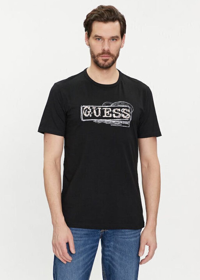 Guess Ss Cn Guess Box Logo Tee Ανδρική Μπλούζα Μαύρη