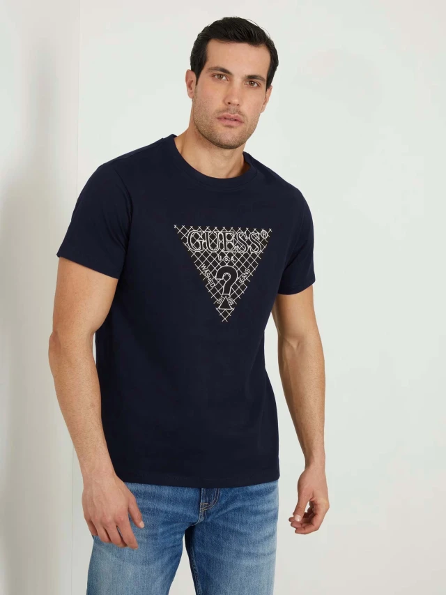 Guess Ss Cn Triangle Embro Tee Ανδρική Μπλούζα Μπλε