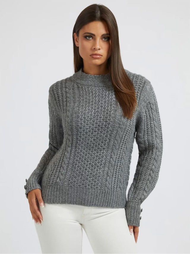 Guess Suzanne Rn Ls Sweater Γυναικείο Πλεκτό Γκρι Μεταλλικό