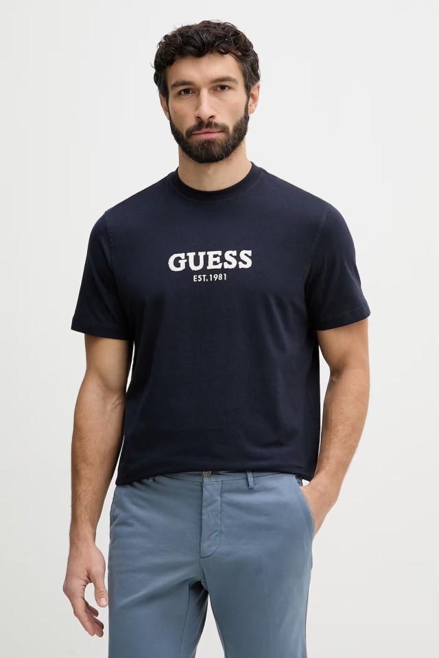 Guess Cn Ss Guess Logo Contrast Stit Ανδρική Μπλούζα Μπλε