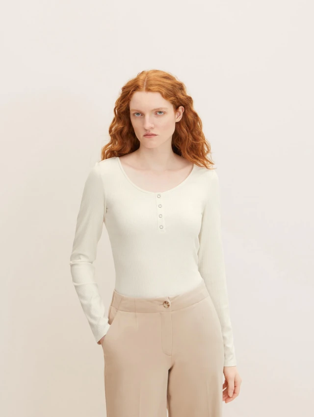 Tom Tailor Rib T-Shirt With But Γυναικεια Μπλουζα Λευκη
