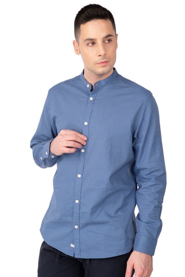 Rebase Shirt Linen Mao Collar Long Sleeve Ανδρικο Πουκαμισο Λινο Μαο Μπλε