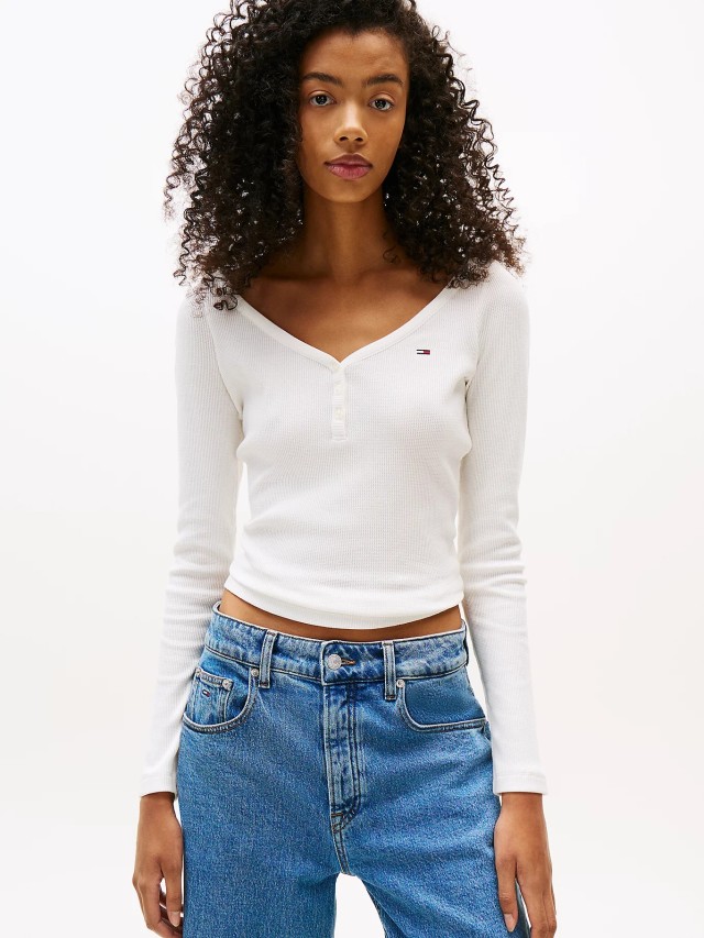 Tommy Hilfiger Tjw Slim Henley Waffle Ls  Γυναικεία Μπλούζα Λευκη