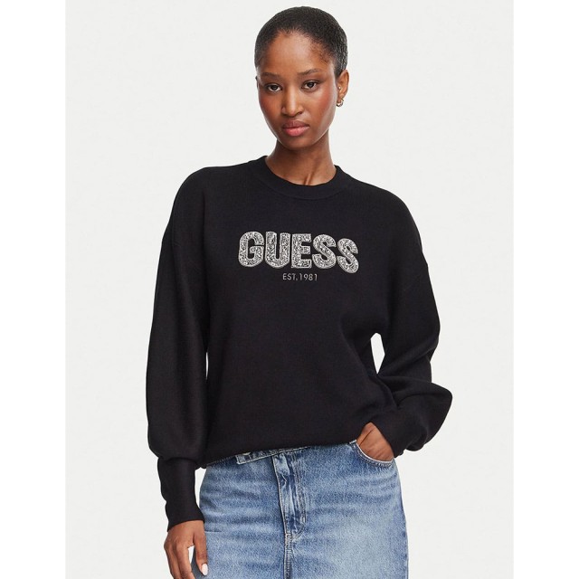 Guess Ls Cn Madeline Logo Swtr Γυναικεία Πλεκτο Μαύρο