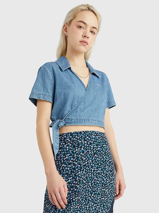 Tommy Hilfiger Tjw Chambray Denim Ss Wrap Shirt Γυναικεία Μπλούζα Τζιν
