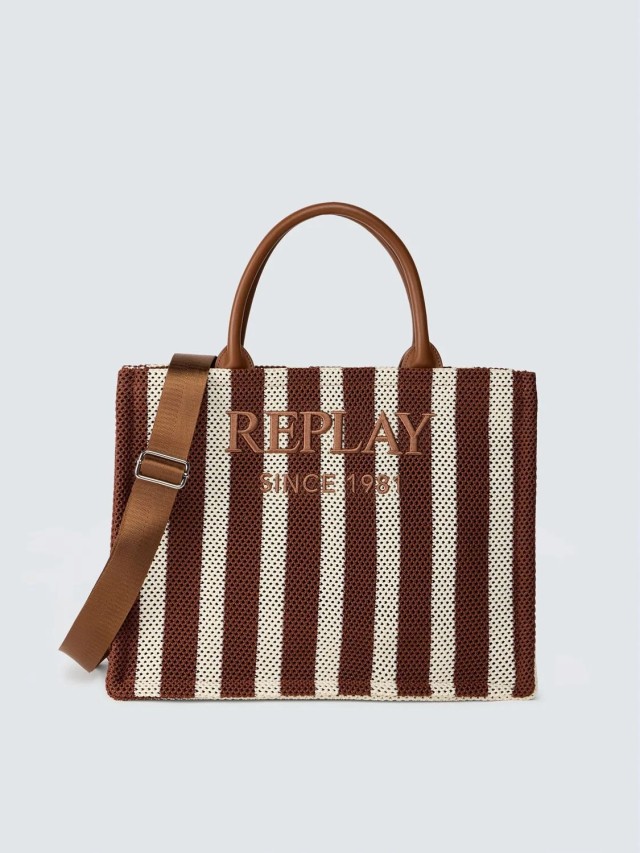 Replay Γυναικεία Τσάντα Ριγέ Tote Λευκό Καφέ