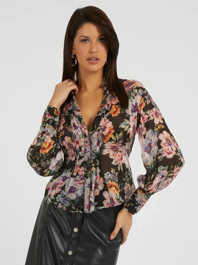 Guess Ls Monica Chiffon Top Γυναικεία Μπλούζα Floral