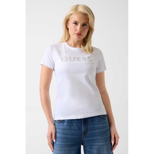 Guess Ss Cn Guess Studs Script Tee Γυναικεία Μπλούζα Λευκή