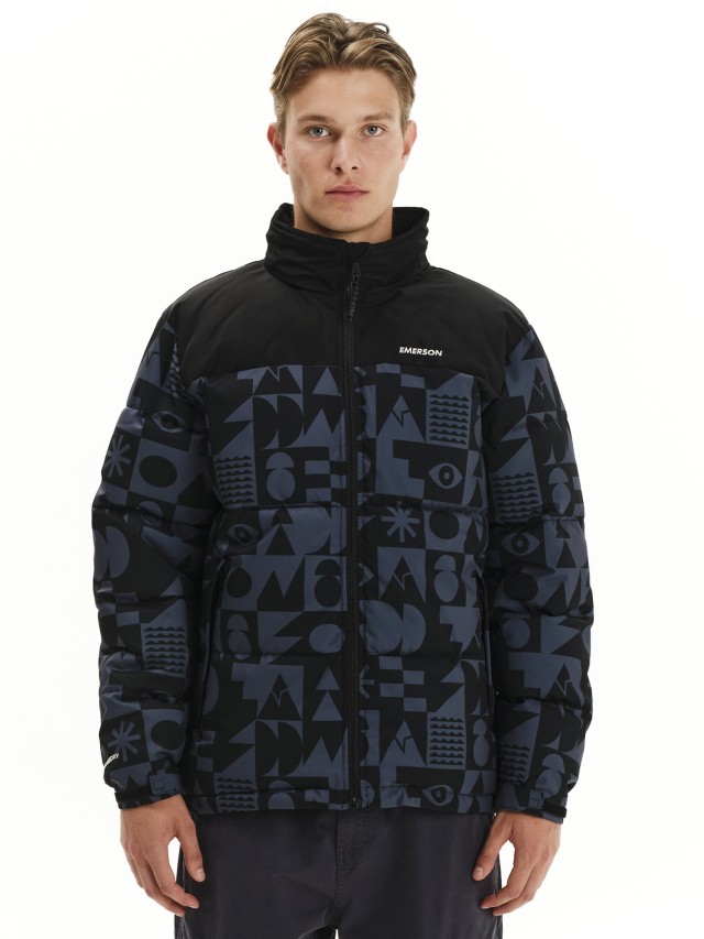 rey/Black Emerson Mens Puffer Jacket w/ Roll-in Hood Ανδρικό Μπουφάν Γκρι Μαύρο