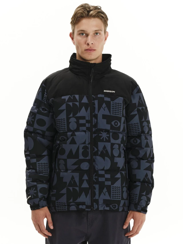 rey/Black Emerson Mens Puffer Jacket w/ Roll-in Hood Ανδρικό Μπουφάν Γκρι Μαύρο
