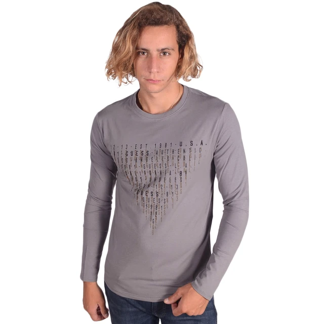 Guess Keanu Cn Ls Tee Ανδρικh Μπλουζα Μακρυμανικη Γκρι