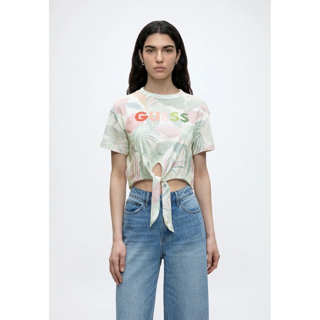 Guess Ss Cn Guess Script Crop Tee Γυναικεία Μπλούζα Crop Multi Πράσινη