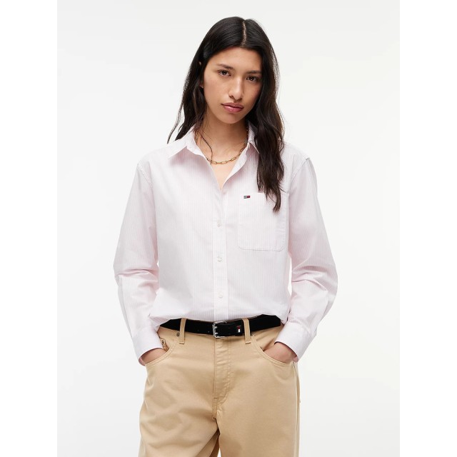 Tommy Hilfiger Tjw Rlx Essential Shirt Γυναικείο Ριγέ Πουκάμισο Ροζ