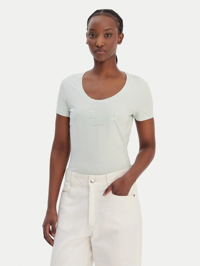 Guess Ss Cn Guess Script Tee Γυναικεία Μπλούζα Τιρκουαζ