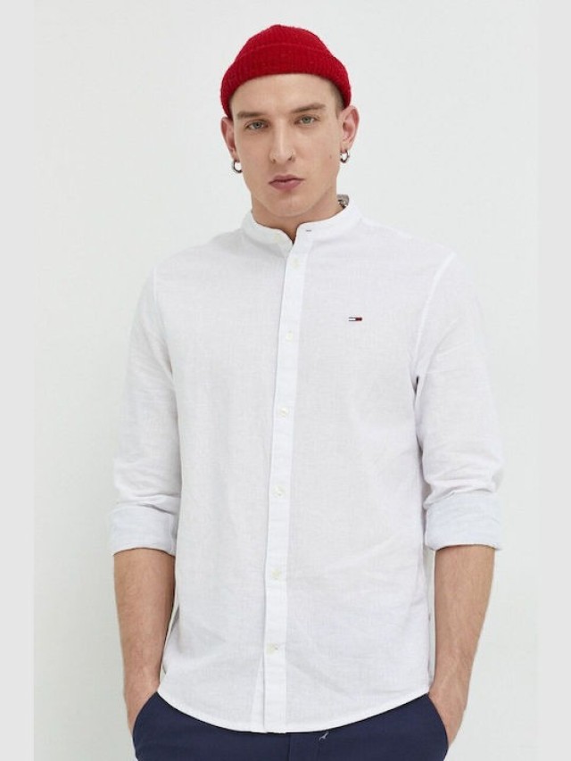 Tommy Hilfiger Tjm Clsc Mao Linen Blend Shirt Ανδρικό Πουκάμισο Μαο Λινό Λευκό