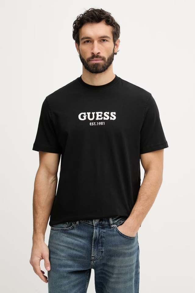 Guess Cn Ss Guess Logo Contrast Stit Ανδρική Μπλούζα Μαύρη