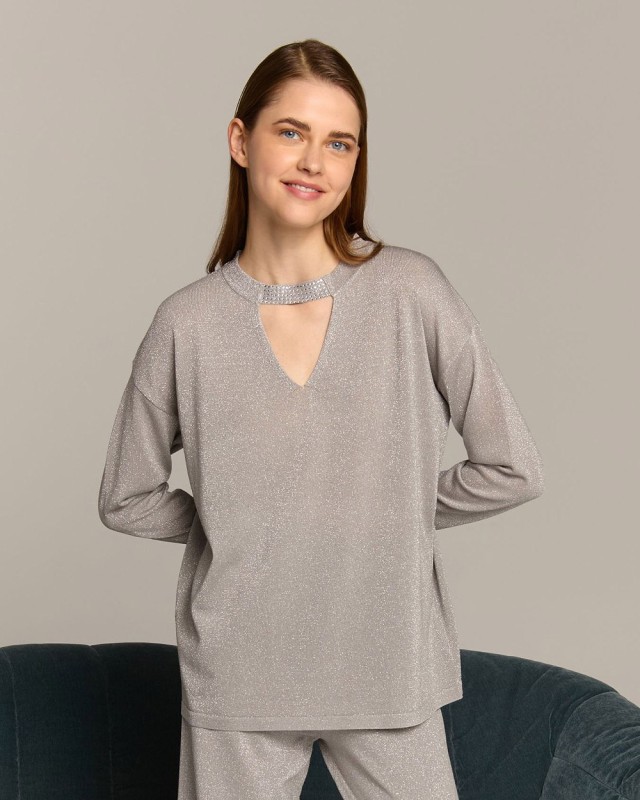 Marina V Pullovers Γυναικεία Μπλούζα Πλεκτο Ασημι