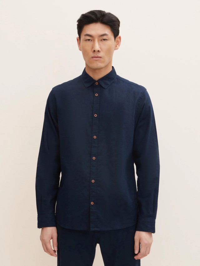 Tom Tailor 203 Regular Cotton Linen Shi Ανδρικο Πουκαμισο Μπλε