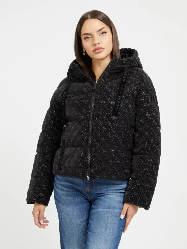 Guess 4g Logo Hooded Puffa Γυναικείο Μπουφάν Μαύρο