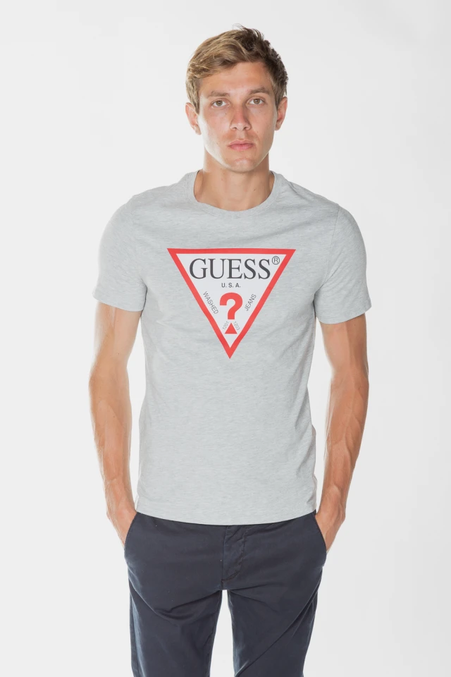 Guess Cn Ss Original Logo - Organic Stream Jersey 180 Ανδρικη Μπλουζα Γκρι Slim Fit