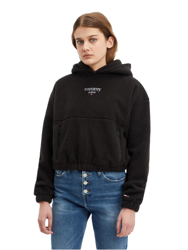 Tommy Hilfiger Tjw Crop Essential Logo 1 Polar Γυναικειο Φουτερ Μαυρο