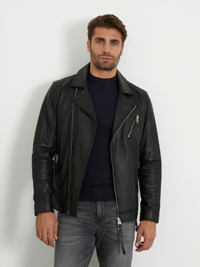 Guess Leather Jacket Ανδρικό Δερμάτινο Μπουφάν Μαύρο