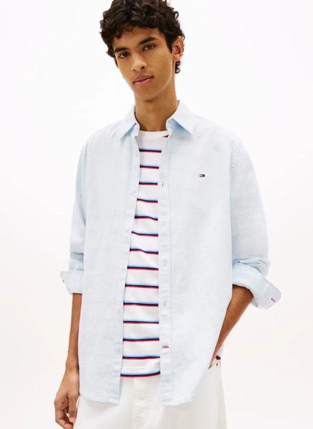 Tommy Hilfiger Tjm Reg Linen Blend Shirt Ext Ανδρικό Πουκάμισο Λινό Σιελ