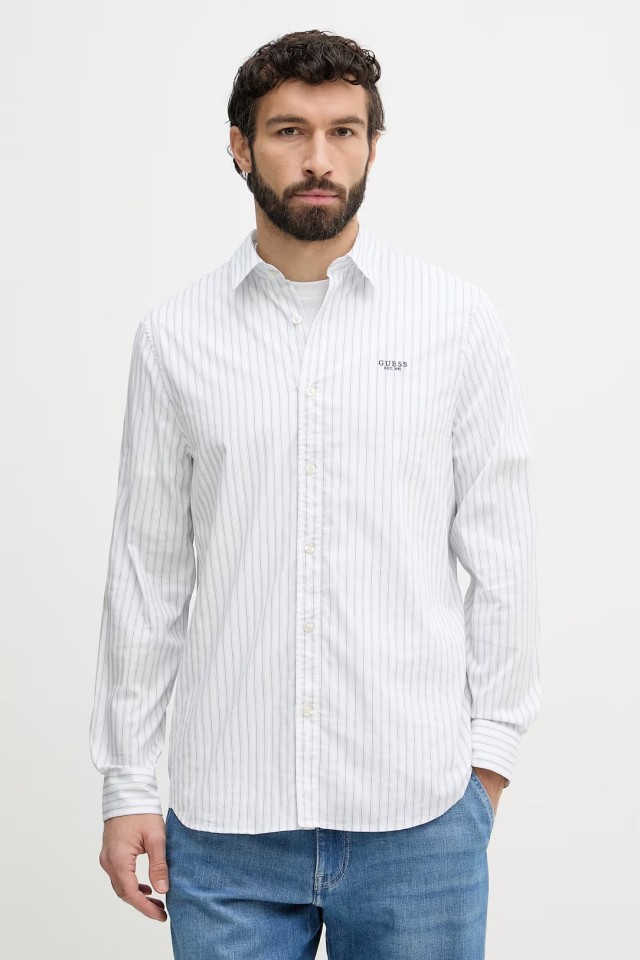 Guess Ls Yarn Dyed Jacquaurd Striped Ανδρικό Πουκάμισο Ριγέ Λευκό μπλε