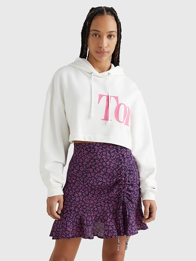 Tommy Hilfiger Tjw Super Crop Bold Tommy Hoodie Γυναικειο Φουτερ Εκρου
