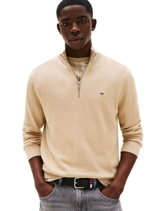 Tommy Hilfiger Tjm Slm Ess Light 1/4 Zip Swtr Ext Ανδρικό Πλεκτό Μπεζ