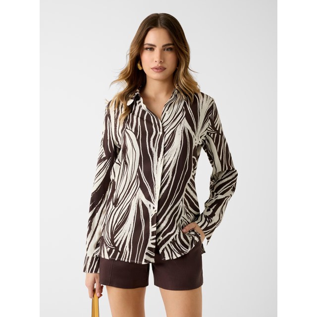 Guess Ls Bastienne Shirt Γυναικείο Πουκάμισο Multi Καφέ