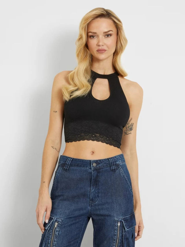 Guess Lila Lace Seamless Top Swtr Γυναικεία Μπλούζα Μαύρη