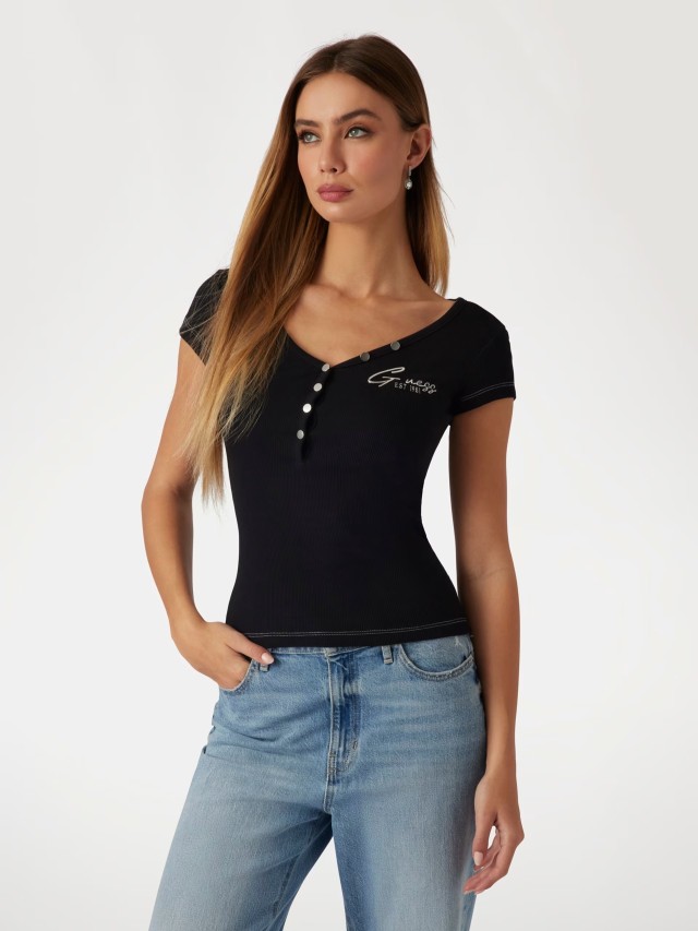 Guess Ss Henley Olympia Top Γυναικεία Μπλούζα Μαύρη