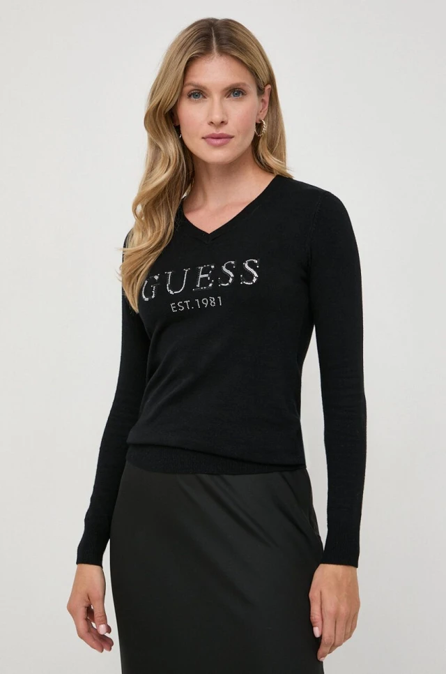 Guess Ls Vn Jade Logo Swtr Γυναικείο Πλεκτό Μαύρο