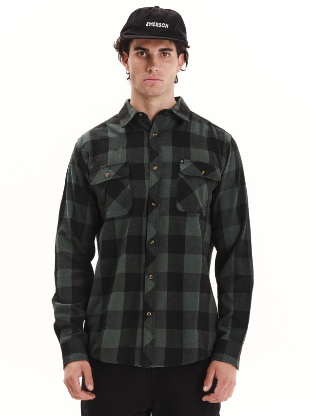 Emerson Mens Button Down Flannel Shirt Ανδρικό Πουκάμισο Πράσινο Μαύρο