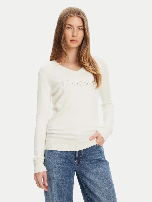 Guess Ls Vn Kenzie Logo Swtr Γυναικείο Πλεκτό Εκρού