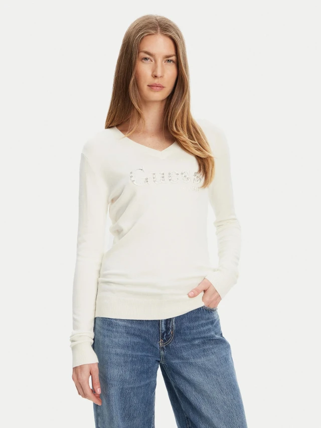Guess Ls Vn Kenzie Logo Swtr Γυναικείο Πλεκτό Εκρού