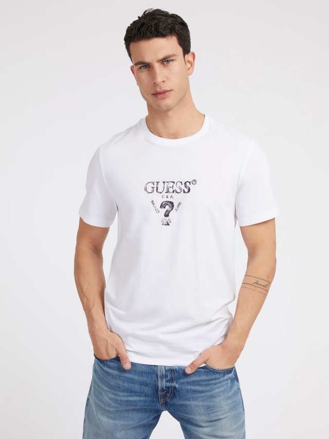 Guess Ss Cn Guess Geo Triangle Tee Ανδρική Μπλουζα Λευκή