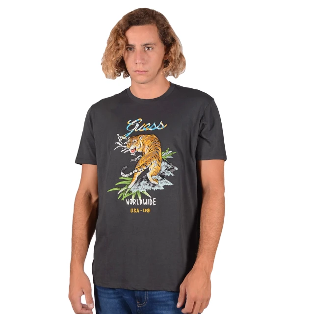 Guess Ss Tiger Embroidery Tee Ανδρικh Μπλουζα Ανθρακι