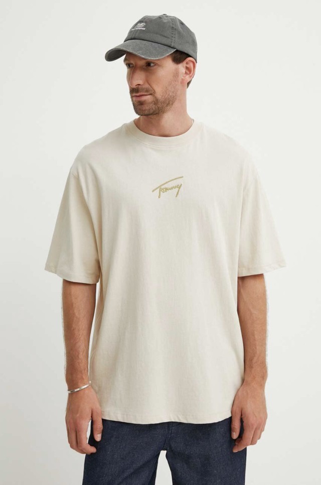 Tommy Hilfiger Tjm Reg Gold Signature Tee Ext Ανδρική Μπλούζα Εκρού