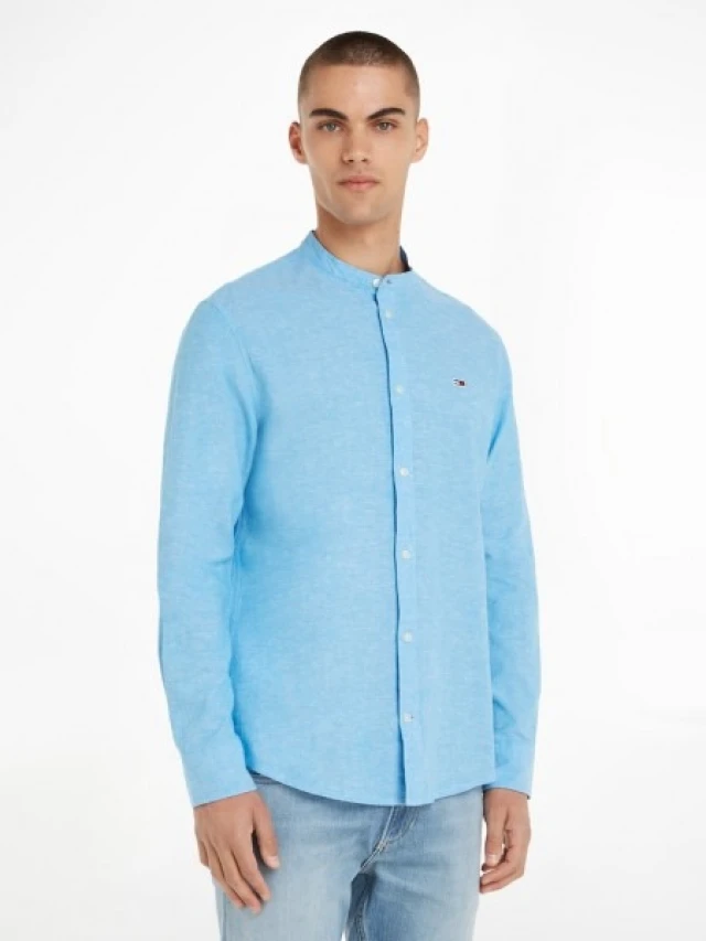 Tommy Hilfiger Tjm Clsc Mao Linen Blend Shirt Ανδρικό Πουκάμισο Μαο Λινό Σιελ