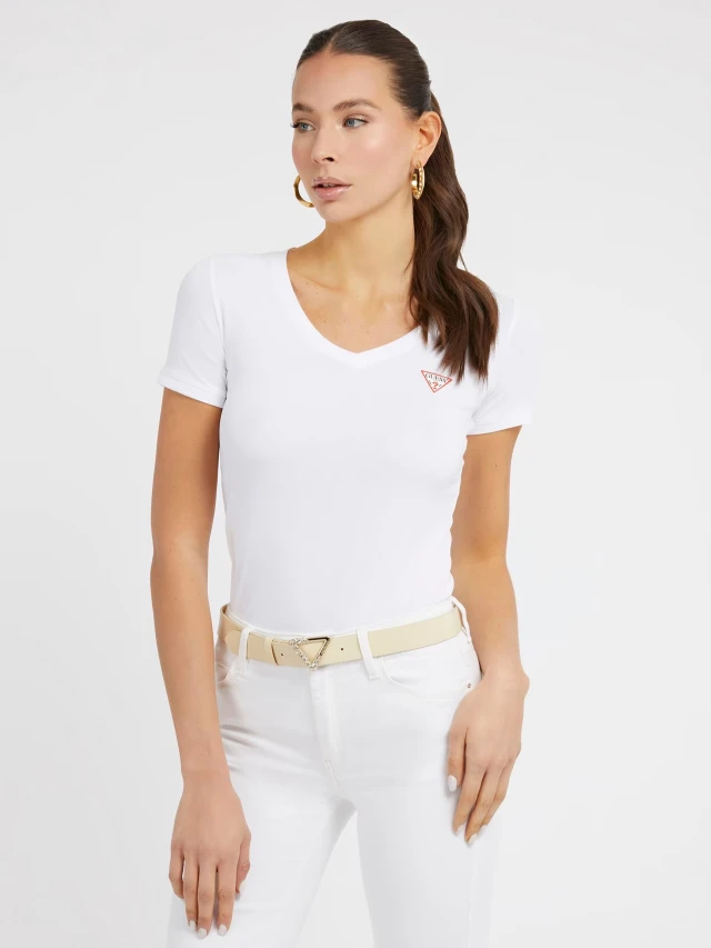 Guess Ss Vn Mini Triangle Tee Γυναικεία Μπλουζα Λευκή