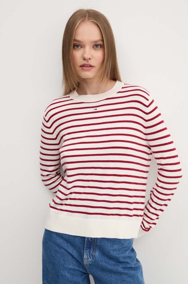 Tommy Hilfiger Tjw Essential Crew Neck Sweater Γυναικείο Πλεκτό Ριγέ Κόκκινο Λευκό