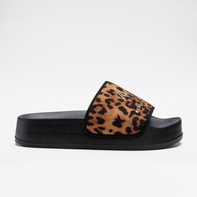 Replay Γυναικείες Σαγιονάρες Λεοπάρ-Μαυρο