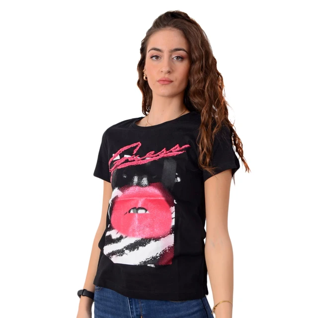 Guess Ss Cn Milena Tee - Soft Cotton Knit Γυναικεια Μπλουζα Μαυρη