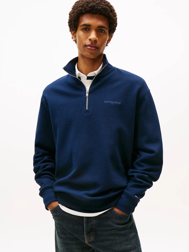 Tommy Hilfiger Tjm Rlx Waffle Script Qrtr Zip Ανδρικό Φούτερ Μπλε